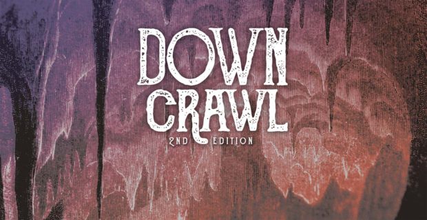 New Downcrawl logo featuring the title against a gloomy red and purple cavern.