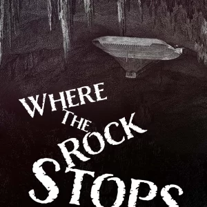 Woodcut art of an antique zeppelin underneath an endless, gloomy cavern roof.